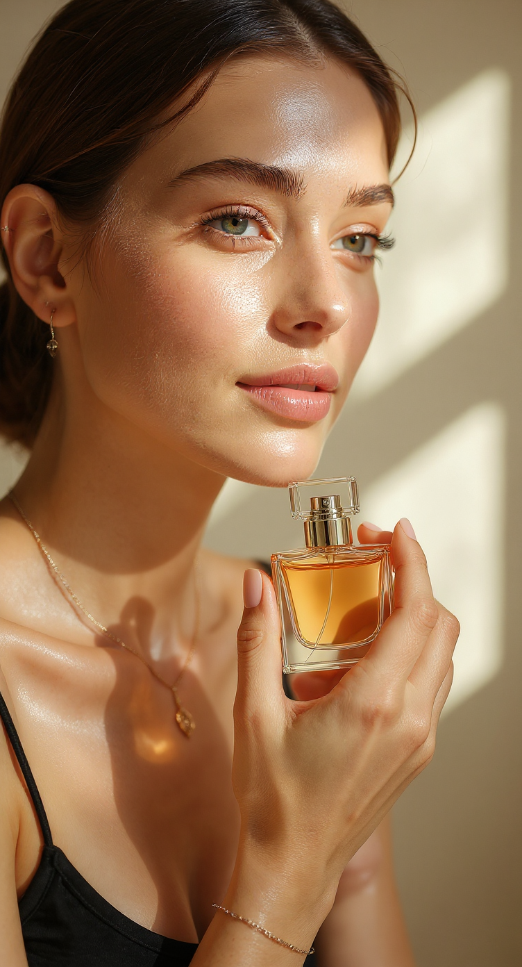 Retrato feminino em close-up, destacando pele iluminada suavemente e expressão contemplativa. A mulher segura um frasco de perfume sofisticado, refletindo luz natural suave. Composição equilibrada com foco nítido no rosto e no perfume, transmitindo uma sensação de elegância e serenidade.